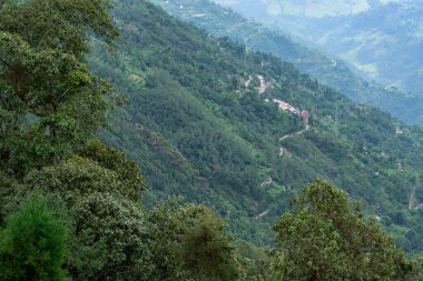 Himalaya dağlarının yeşil ormanlarının manzaralı güzelliği Okhrey, Sikkim, Hindistan. Okhrey köyü Sikkim 'in ücra bir köşesinde sakin Himalaya dağları turistler tarafından dinleniyor..