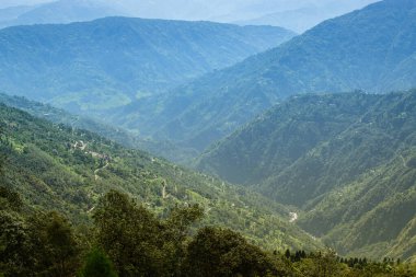 Himalaya dağlarının yeşil ormanlarının manzaralı güzelliği Okhrey, Sikkim, Hindistan. Okhrey köyü Sikkim 'in ücra bir köşesinde sakin Himalaya dağları turistler tarafından dinleniyor..