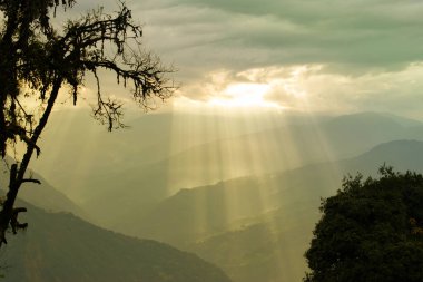 Rabangla, Sikkim, Hindistan 'dan gelen güneş ışınları. Ön planda Slihoutte ağaçları ve arka planda Himalaya dağları. Sikkim 'li Büyük Himalayalar' ın muhteşem manzarası..