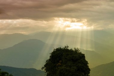 Rabangla, Sikkim, Hindistan 'dan gelen güneş ışınları. Ön planda Slihoutte ağaçları ve arka planda Himalaya dağları. Sikkim 'li Büyük Himalayalar' ın muhteşem manzarası..