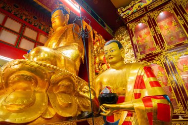 Goutam Buddha 'nın dini altın heykeli, Budist dini sembolü Sikkim Manastırı - Sikkim, Hindistan. İzinle resim çekimi.