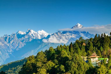 Siniolchu Dağı 'nda, deniz seviyesinden 22598 feet yükseklikte güneşin doğuşundan güzel bir gün ışığı. Himalaya sıradağları, Sikkim, Hindistan. Sikkim, Hindistan 'ın dört bir yanından gelen turistler arasında popülerdir..