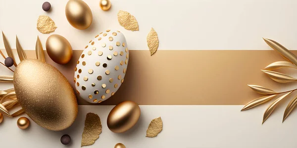 Easter background. Easter golden decorated eggs isolated on beige background. Minimal easter concept with copy space. Generative AI.