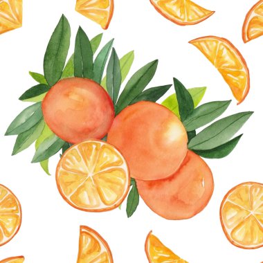 Beyaz yalıtılmış arka planda tekstil tasarımı için yeşil yapraklı dallar üzerinde portakal rengi deseni. Suluboya portakallar pürüzsüz, eski tarz, parlak renkler