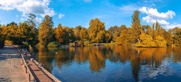 秋の季節に湖に反映された葉樹のあるケルシー公共公園のパノラマビュー ベッケナム村 ロンドン ストックフォト