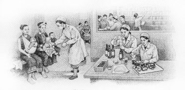 Oturan kadınların bebekleriyle ilgilenen hemşire klinikte ilaç karıştıran hemşireler. Laos 1 Kip 1968 Banknotlarından bir portre. Bangkok - Tayland, 1 Aralık 2025.