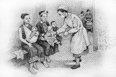 Oturan kadınların bebekleriyle ilgilenen hemşire klinikte ilaç karıştıran hemşireler. Laos 1 Kip 1968 Banknotlarından bir portre. Bangkok - Tayland, 1 Aralık 2025.