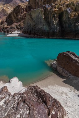 Jagged Dağı 'ndaki kayaların ve Ladakh' taki berrak yeşil suyun ortasındaki kumlu plajların manzarası..