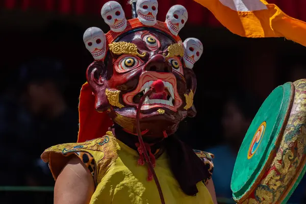 stock image A colorful mask dance and drum beating being performed at Hemis Monastery at Leh, Ladakh India.