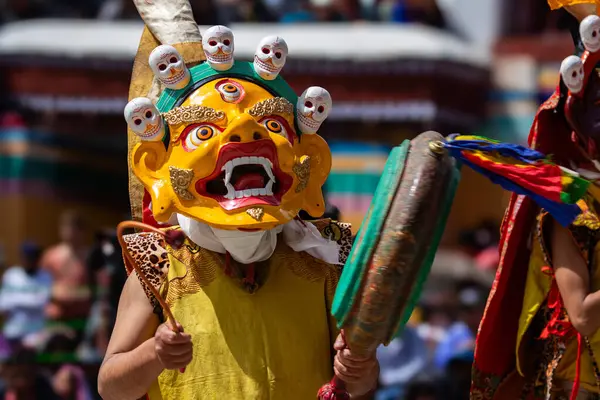 stock image A colorful mask dance and drum beating being performed at Hemis Monastery at Leh, Ladakh India.