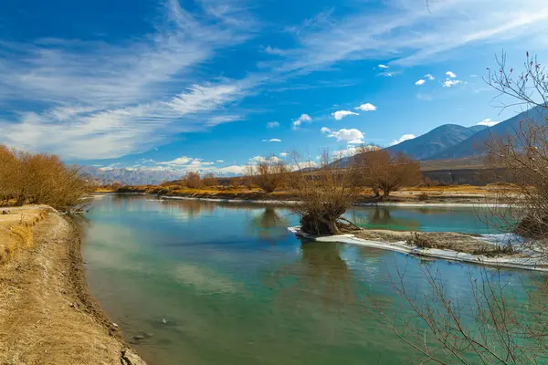 stock image A wide-angle Landscape of Indus River flowing with dry bushes in the foreground and a tree and blue sky in the horizon