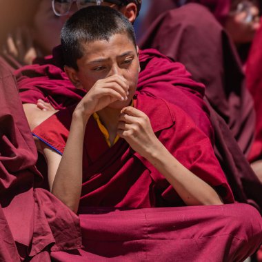 Leh 'li genç bir Budist rahibin portresi, Ladakh manastır kırmızısı cübbe giyiyor. 23 Mayıs 2024.