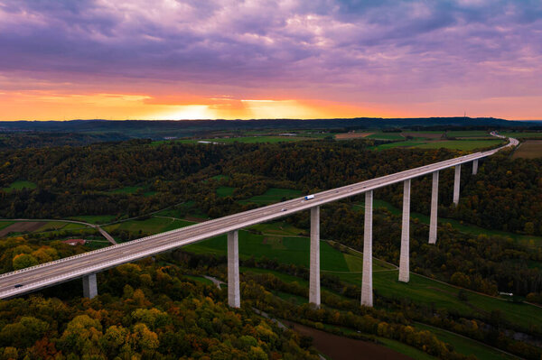 Aerial view of Kochertal Bridge during sunset in autumn