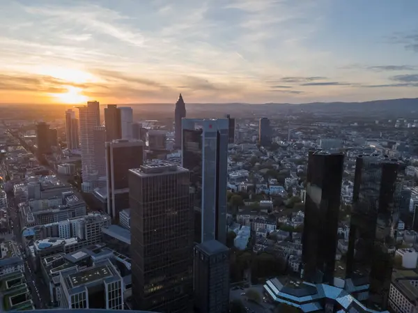 stock image Aerial view of the Frankfurt skyline during sunset. Modern building reflecting the last sunligh of the day.