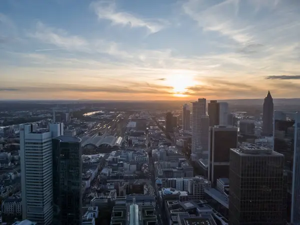 Aerial View Frankfurt Skyline Sunset Modern Building Reflecting Last Sunligh — Stock Photo, Image