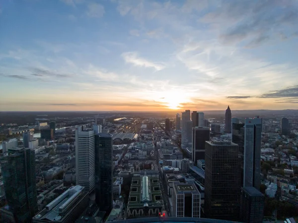 Luchtfoto Van Skyline Van Frankfurt Bij Zonsondergang Modern Gebouw Dat — Stockfoto