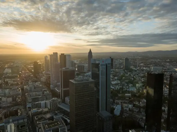 stock image Aerial view of the Frankfurt skyline during sunset. Modern building reflecting the last sunligh of the day.