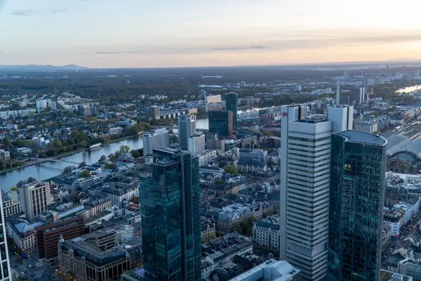 Luchtfoto Van Skyline Van Frankfurt Bij Zonsondergang Modern Gebouw Dat — Stockfoto