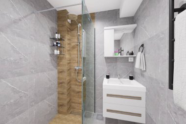 Küçük bir banyo için modern minimalist tasarım. Doğal siyah ve beyaz renkler ve ahşap benzeri malzemeler kullanarak..
