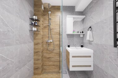 Küçük bir banyo için modern minimalist tasarım. Doğal siyah ve beyaz renkler ve ahşap benzeri malzemeler kullanarak..