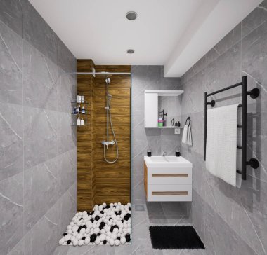 Küçük bir banyo için modern minimalist tasarım. Doğal siyah ve beyaz renkler ve ahşap benzeri malzemeler kullanarak..