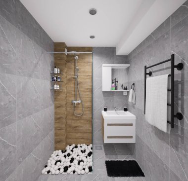 Küçük bir banyo için modern minimalist tasarım. Doğal siyah ve beyaz renkler ve ahşap benzeri malzemeler kullanarak..