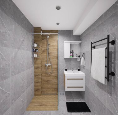 Küçük bir banyo için modern minimalist tasarım. Doğal siyah ve beyaz renkler ve ahşap benzeri malzemeler kullanarak..