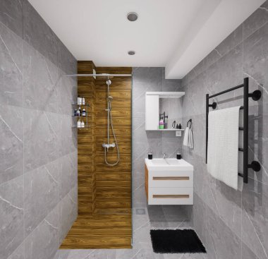 Küçük bir banyo için modern minimalist tasarım. Doğal siyah ve beyaz renkler ve ahşap benzeri malzemeler kullanarak..
