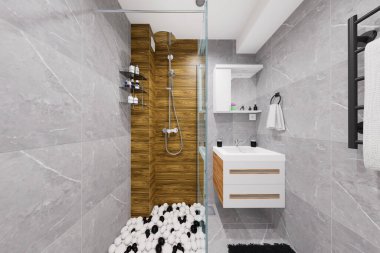 Küçük bir banyo için modern minimalist tasarım. Doğal siyah ve beyaz renkler ve ahşap benzeri malzemeler kullanarak..