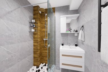Küçük bir banyo için modern minimalist tasarım. Doğal siyah ve beyaz renkler ve ahşap benzeri malzemeler kullanarak..
