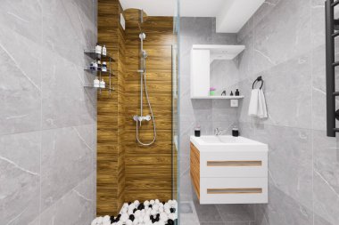 Küçük bir banyo için modern minimalist tasarım. Doğal siyah ve beyaz renkler ve ahşap benzeri malzemeler kullanarak..
