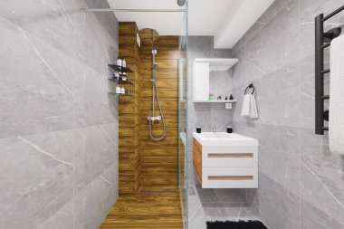 Küçük bir banyo için modern minimalist tasarım. Doğal siyah ve beyaz renkler ve ahşap benzeri malzemeler kullanarak..