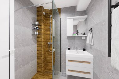 Küçük bir banyo için modern minimalist tasarım. Doğal siyah ve beyaz renkler ve ahşap benzeri malzemeler kullanarak..