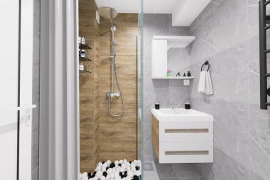 Küçük bir banyo için modern minimalist tasarım. Doğal siyah ve beyaz renkler ve ahşap benzeri malzemeler kullanarak..