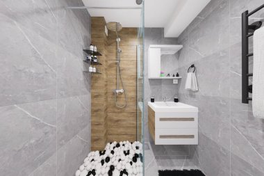 Küçük bir banyo için modern minimalist tasarım. Doğal siyah ve beyaz renkler ve ahşap benzeri malzemeler kullanarak..