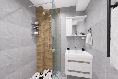 Küçük bir banyo için modern minimalist tasarım. Doğal siyah ve beyaz renkler ve ahşap benzeri malzemeler kullanarak..