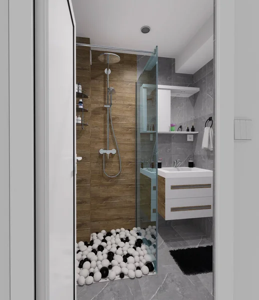 Μοντέρνο Μινιμαλιστικό Σχέδιο Για Ένα Μικρό Μπάνιο Χρήση Φυσικών Ασπρόμαυρων — Φωτογραφία Αρχείου
