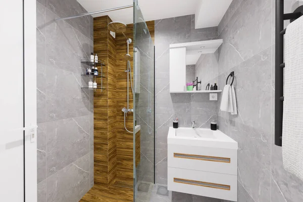Moderní Minimalistický Design Pro Malou Koupelnu Použití Přírodních Černobílých Barev — Stock fotografie