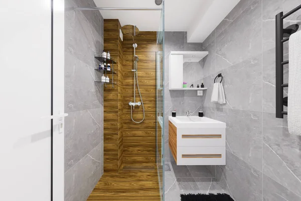 小浴室的现代简约设计 使用自然的黑白颜色和类似木材的材料 免版税图库图片