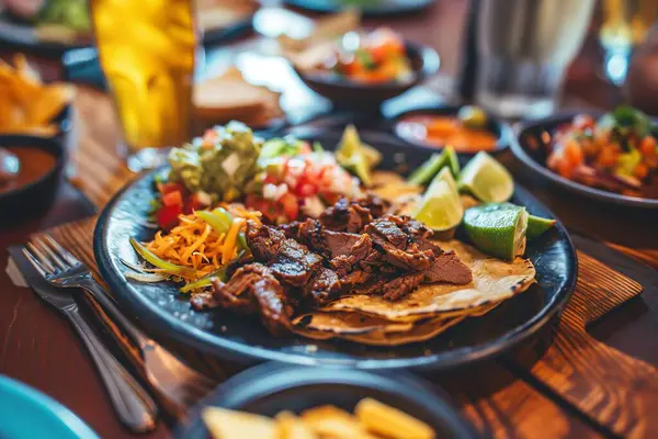 Tortilla 'da hazırlamak için takolar, tabaktaki tüm malzemeler, odak dışı arka plan. Taco Günü