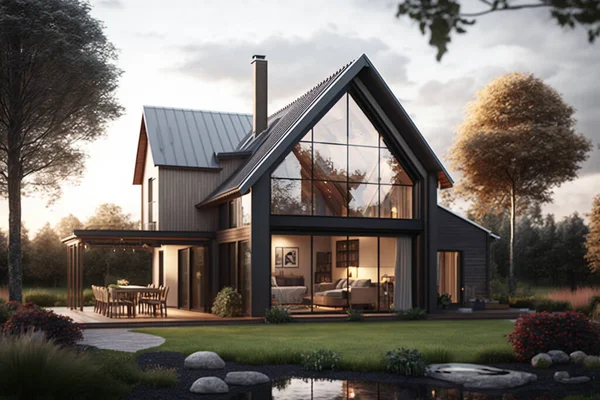 beautiful modern village house, with nice wide big windows. Idea for design. AI