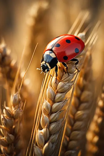 Close up of ladybug on wheat ear covered with the morning dew.