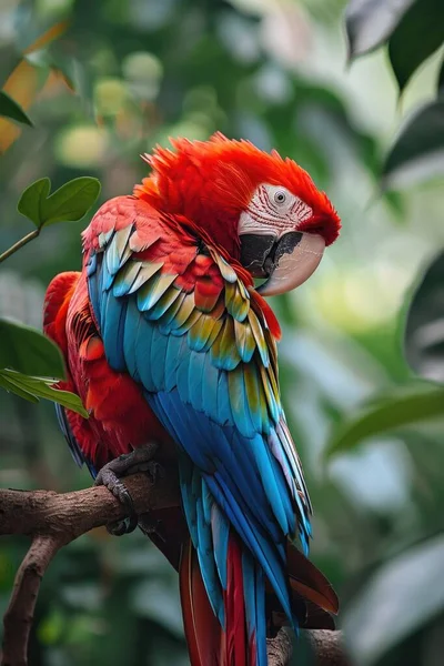 Red parrot Scarlet Macaw, Ara macao, bird sitting on the branch, Costa rica. Wildlife scene from tropical forest. Beautiful parrot on tree green tree in nature habitat.