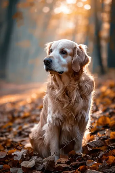 dog golden retriever labrador in autumn at sunset on a walk in the autumn park with autumn leaves.