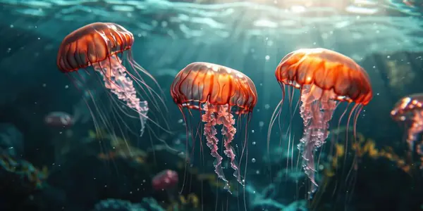 jellyfish in the ocean with their tails up in pink and orange.