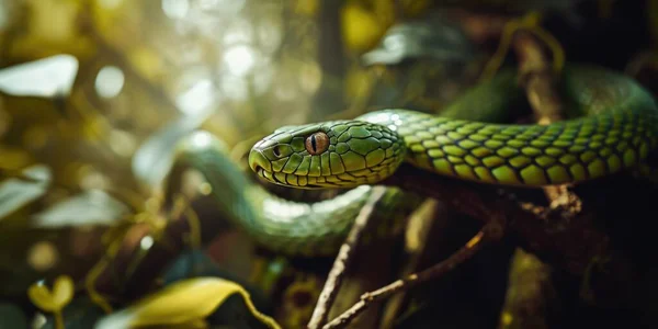 a green snake perched on a branch in the forest, cobra.