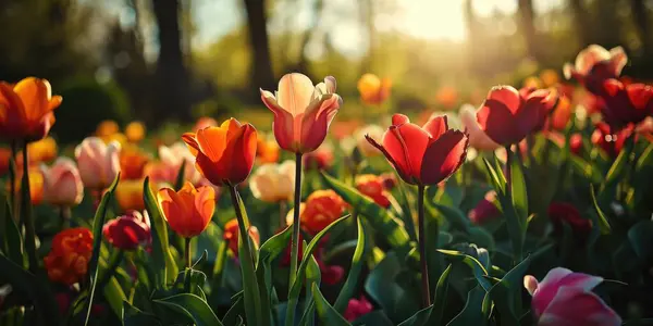 the light of the sun shining on a colorful day with many tulips.