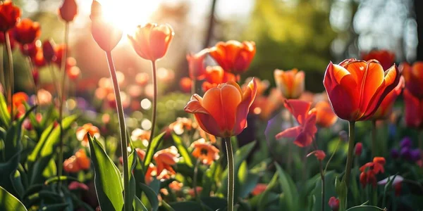 the light of the sun shining on a colorful day with many tulips.