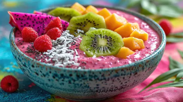 Fruit Smoothie Bowl Unwind: Tropical Blend in Vibrant Smoothie Bowl Topped with Dragon Fruit, Kiwi, Coconut Flakes