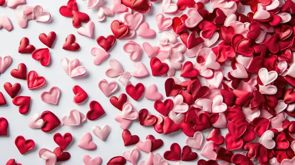 Joyful Heart Abundance - Vibrant Red and Pink Hearts Scattered on White in a Valentine\'s Day Concept